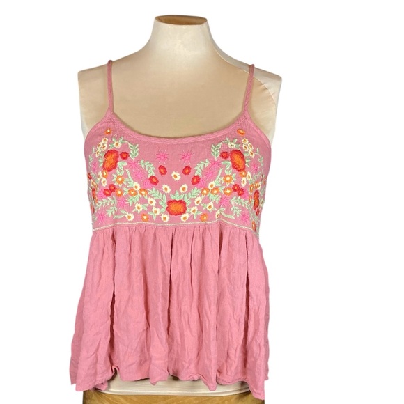 Sim & Sam Tops - Sim & Sam Embroidered Pink Babydoll Top with Adjustable Spaghetti Straps